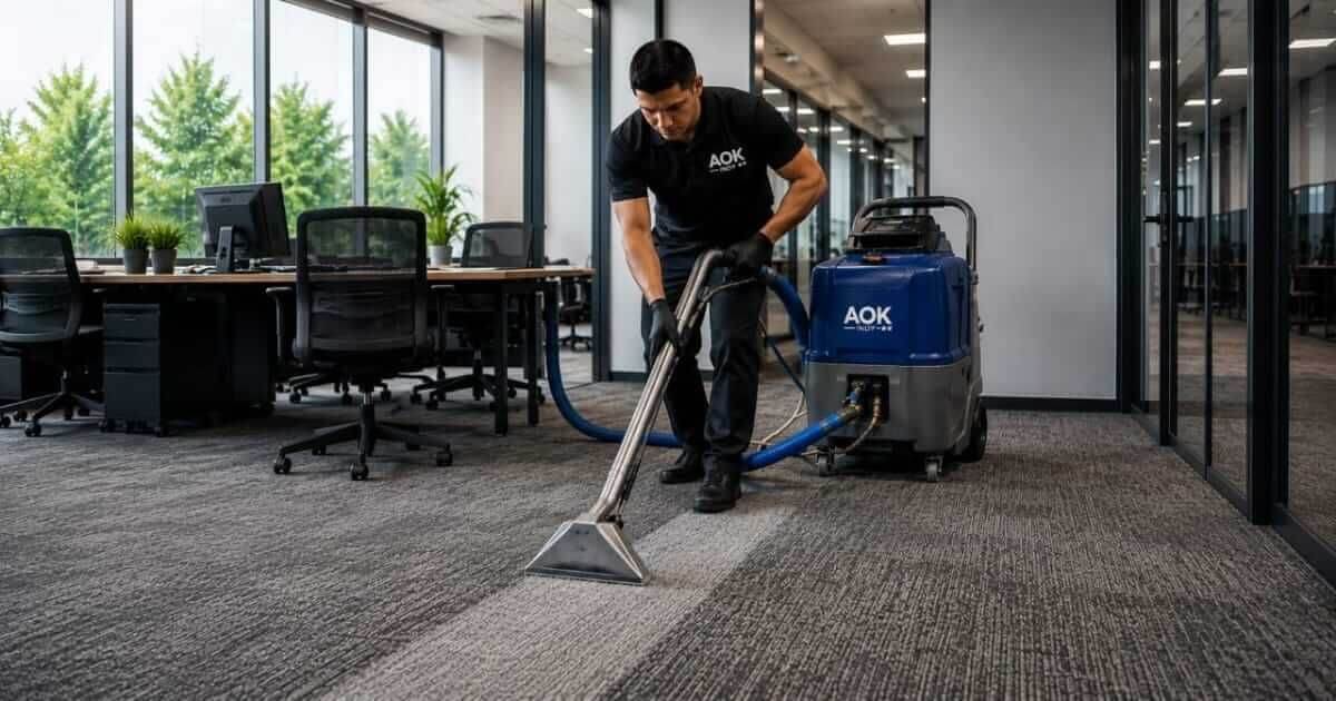 AOK INDY technician using a hot water extractor on an office carpet