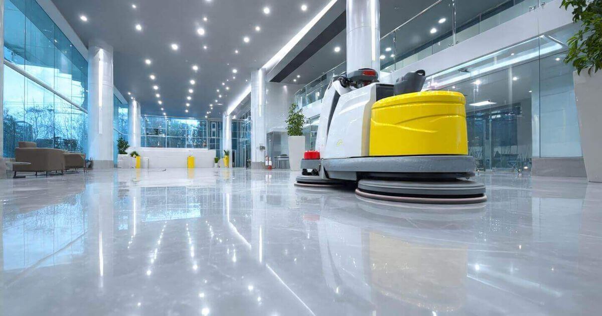 floor care technician using an automatic scrubber on VCT flooring in an office building in Indianapolis