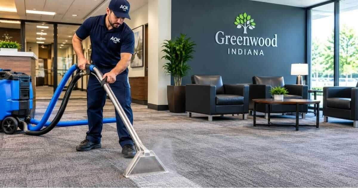 hot water extraction on carpet in the lobby of a Greenwood, Indiana office