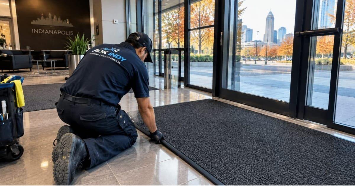 technician placing entrance mats in an Indianapolis building before fall