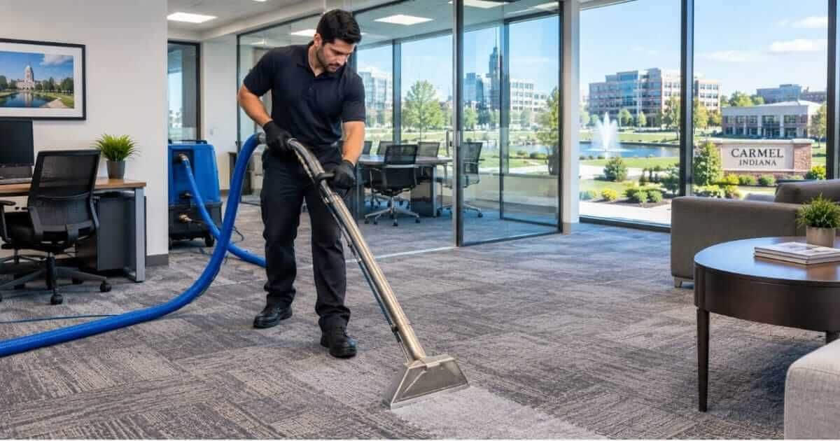 IICRC certified technician cleaning carpet in a Carmel, Indiana office