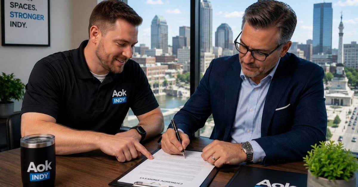 Business owner signing a month-to-month cleaning agreement in Indianapolis
