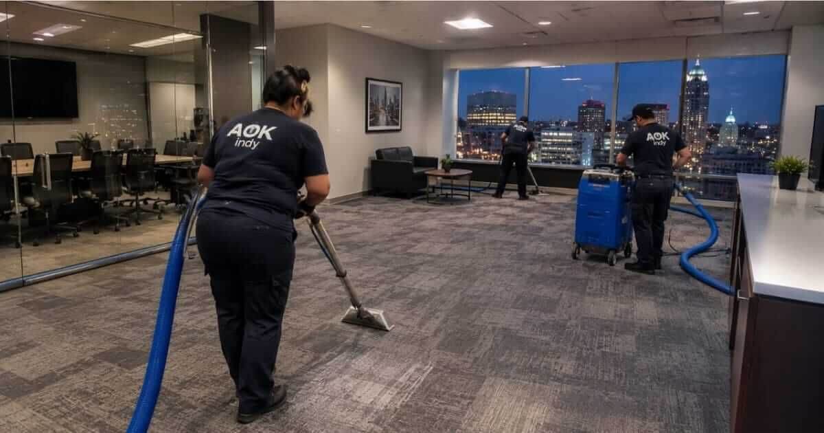 Team cleaning the carpet of an office suite in Indianapolis after business hours