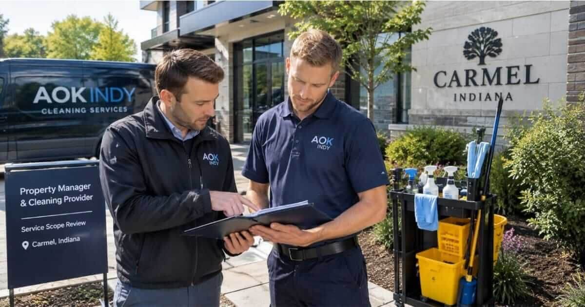 property manager and cleaning provider reviewing the scope of service in Carmel, Indiana