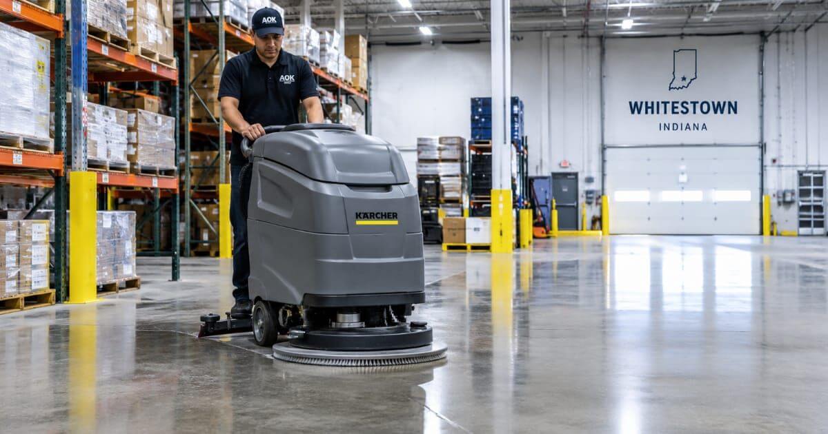 Industrial floor scrubber cleaning concrete flooring in a warehouse in Whitestown, Indiana