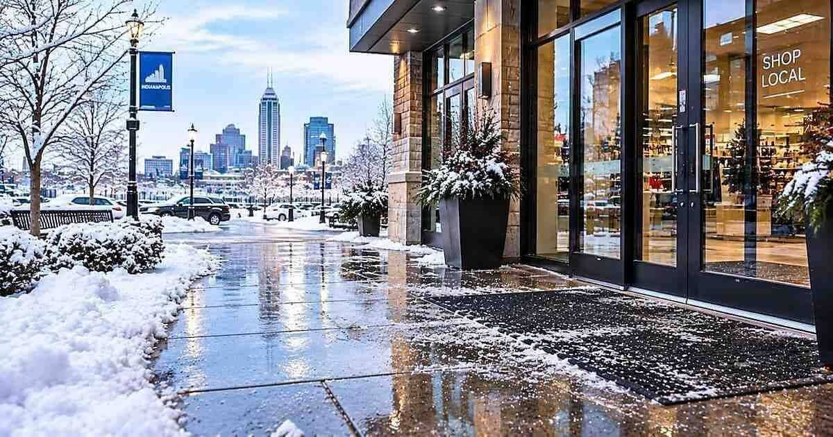 Salt and melted snow on the entrance floor of an Indianapolis commercial building